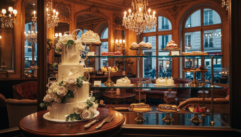 A stylish, luxury cake shop in Paris, showcasing a variety of stunning custom and celebration cakes. In the foreground, a beautifully decorated table with an elegant multi-tier cake adorned with fresh flowers and delicate sugar art. On the middle shelves, an array of smaller cakes and pastries, artfully arranged with colorful macarons and delicate éclairs, all reflecting the high-end boutique atmosphere. The background features the shop's charming interior, with ornate chandeliers and Parisian décor. Soft, warm lighting illuminates the scene, creating a welcoming and celebratory mood. The image should be a raw photograph with highly detailed textures, captured in 8k resolution, at a slight angle to emphasize depth and elegance.