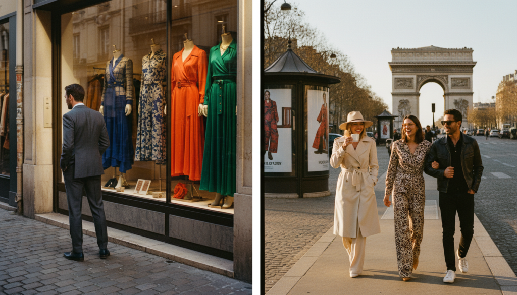 A stylish split-scene image showcasing two distinct fashion itineraries in Paris. On the left, a vibrant half-day itinerary: a well-dressed person in a tailored suit, browsing high-end boutiques in the marais district, surrounded by colorful fashion displays. The bright morning light casts soft shadows, enhancing textures of the clothing and shop exteriors. On the right, a full-day itinerary: a group of fashion enthusiasts visiting iconic locations such as the Champs-Élysées and a trendy café, captured in warm afternoon sunlight. The background features Parisian architecture, with elegant fashion posters adorning the streets. The atmosphere is lively and chic, highlighting the bustling energy of Paris's fashion scene. The image should be highly detailed, in 8k resolution, with cinematic lighting to accentuate the elegance and vibrancy of the fashion districts.