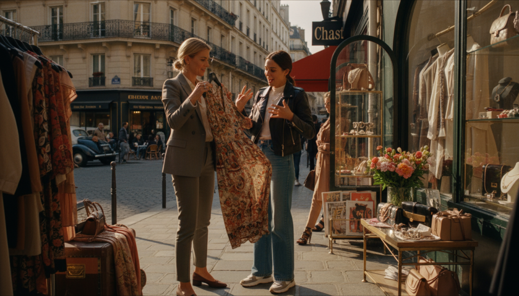 A vibrant Paris street scene showcasing a personal styling and shopping experience. In the foreground, a stylish personal shopper, dressed in chic business attire, interacts with a client wearing fashionable casual clothing, both examining elegant clothing items. The middle ground features a picturesque boutique filled with high-end fashion pieces and accessories, adorned with colorful displays. The background displays iconic Parisian architecture, such as charming cafes and cobblestone streets, softly blurred to emphasize depth. The scene is illuminated with warm, cinematic lighting, creating an inviting atmosphere. The image captures the excitement of a fashion tour, with intricate textures and details in 8k resolution, viewed at a slight angle to enhance the dynamic composition.