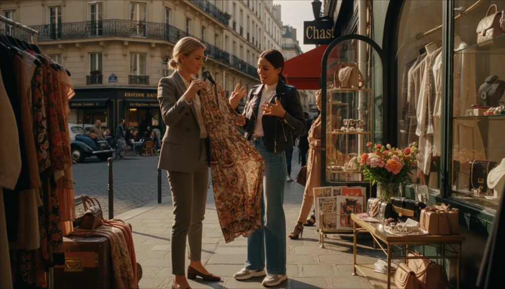 Une scène de rue parisienne animée, illustrant une expérience de stylisme et de shopping personnalisée. Au premier plan, une conseillère en image élégante, vêtue d'un tailleur chic, échange avec une cliente en tenue décontractée tendance, toutes deux examinant des vêtements raffinés. Au second plan, une boutique pittoresque regorge de pièces et d'accessoires de mode haut de gamme, mis en valeur par des présentoirs colorés. L'arrière-plan dévoile des éléments architecturaux parisiens emblématiques, tels que de charmants cafés et des rues pavées, légèrement floutés pour accentuer la profondeur. La scène est baignée d'une lumière chaude et cinématographique, créant une atmosphère accueillante. L'image capture l'effervescence d'une virée shopping, avec des textures et des détails d'une grande finesse en résolution 8K, filmée sous un léger angle pour renforcer le dynamisme de la composition.