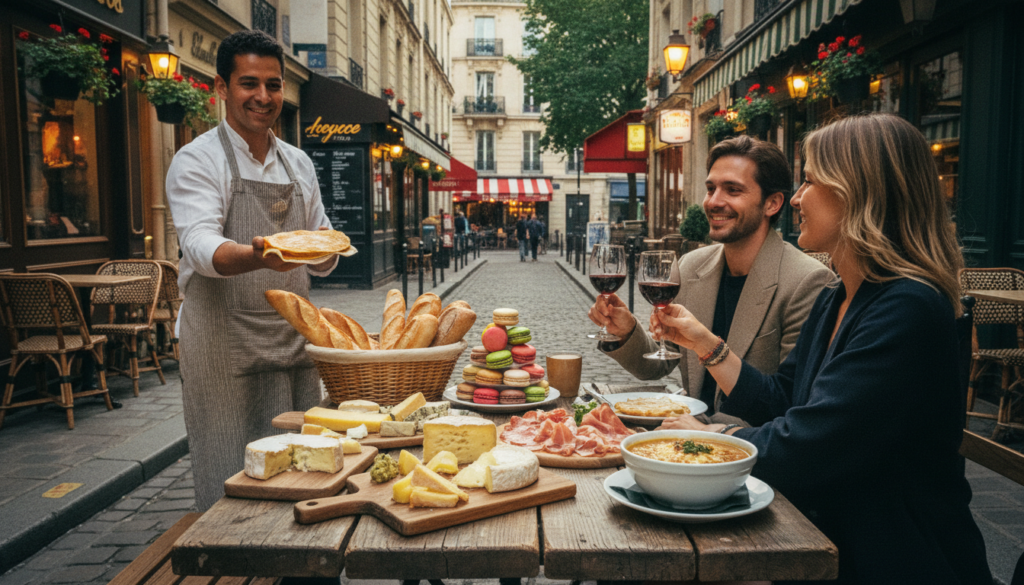 A vibrant Parisian alley filled with must-try foods from a food tour, featuring a rustic wooden table laden with artisanal cheeses, freshly baked baguettes, gourmet charcuterie, colorful macarons, and a steaming bowl of French onion soup. In the foreground, a local vendor presents a delicate crêpe, sprinkled with powdered sugar, while a couple enjoys a glass of Bordeaux wine. The middle ground showcases charming cobblestone streets lined with quaint cafes and flower boxes, all under soft, warm lighting that creates an inviting atmosphere. In the background, historic Parisian architecture and a hint of greenery from nearby trees add depth. The image captures a lively yet cozy ambiance, evoking the culinary delights of a hidden food tour in Paris. 8k resolution, raw photograph, cinematic lighting, highly detailed textures.