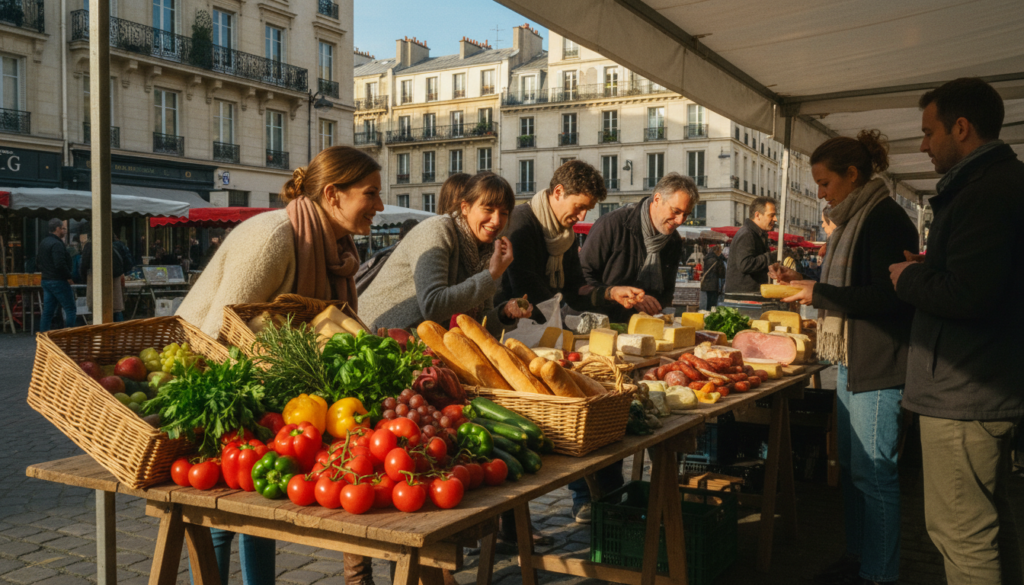 A vibrant Parisian market scene showcasing a bountiful array of fresh produce and artisan products. In the foreground, a rustic wooden table displays colorful fruits and vegetables, including ripe tomatoes, vibrant peppers, and fragrant herbs. Local artisans display handcrafted cheeses and charcuterie alongside freshly baked baguettes. In the middle ground, enthusiastic food tour participants engage with friendly vendors, some sampling delectable treats, dressed in modest casual clothing. The background features charming Parisian architecture, with a gentle blue sky peeking through the market awning. The atmosphere is lively and inviting, with warm, cinematic lighting highlighting the textures of the food and the joy of culinary exploration. Capture this scene in a raw photograph with highly detailed textures, emphasizing the bustling market energy in 8k resolution. A vibrant Parisian market scene showcasing a bountiful array of fresh produce and artisan products. In the foreground, a rustic wooden table displays colorful fruits and vegetables, including ripe tomatoes, vibrant peppers, and fragrant herbs. Local artisans display handcrafted cheeses and charcuterie alongside freshly baked baguettes. In the middle ground, enthusiastic food tour participants engage with friendly vendors, some sampling delectable treats, dressed in modest casual clothing. The background features charming Parisian architecture, with a gentle blue sky peeking through the market awning. The atmosphere is lively and inviting, with warm, cinematic lighting highlighting the textures of the food and the joy of culinary exploration. Capture this scene in a raw photograph with highly detailed textures, emphasizing the bustling market energy in 8k resolution.