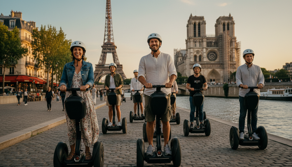 A vibrant Segway tour in Paris, showcasing a diverse group of tourists enjoying the ride along the Seine River. In the foreground, smiling individuals dressed in modest casual clothing, wearing helmets and confidently riding Segways. The middle ground features iconic Parisian landmarks, including the Eiffel Tower and Notre-Dame Cathedral, bathed in warm, golden light during sunset. The background reveals a picturesque Parisian street lined with traditional cafés and trees, enhancing the city’s charm. Capture the scene with a shallow depth of field for a cinematic effect, highlighting the joyful expressions of the riders while subtly blurring the bustling city behind them. The image should evoke a sense of adventure and exploration, with highly detailed textures and a resolution of 8k for an immersive experience. A vibrant Segway tour in Paris, showcasing a diverse group of tourists enjoying the ride along the Seine River. In the foreground, smiling individuals dressed in modest casual clothing, wearing helmets and confidently riding Segways. The middle ground features iconic Parisian landmarks, including the Eiffel Tower and Notre-Dame Cathedral, bathed in warm, golden light during sunset. The background reveals a picturesque Parisian street lined with traditional cafés and trees, enhancing the city’s charm. Capture the scene with a shallow depth of field for a cinematic effect, highlighting the joyful expressions of the riders while subtly blurring the bustling city behind them. The image should evoke a sense of adventure and exploration, with highly detailed textures and a resolution of 8k for an immersive experience.