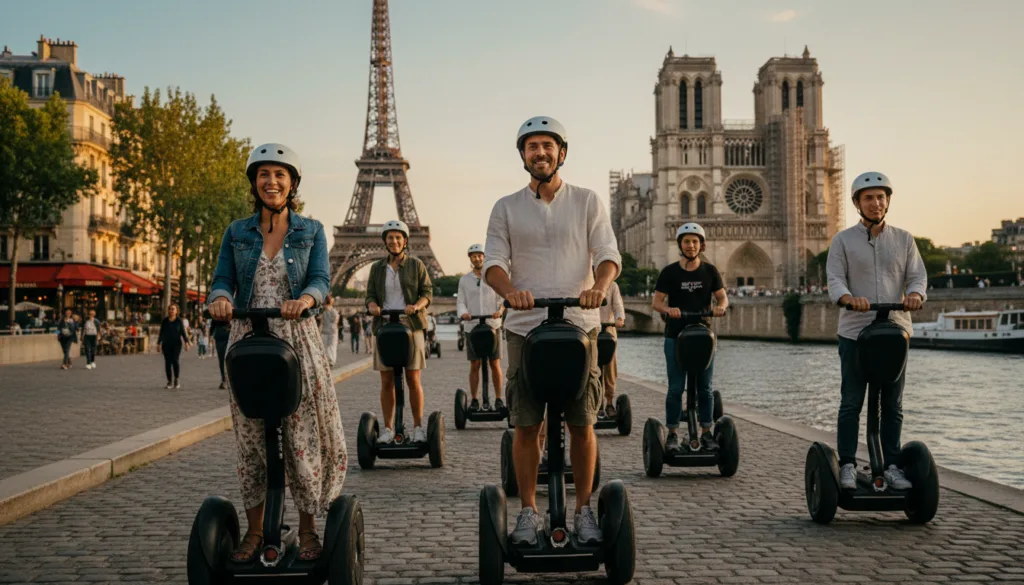 Une balade en Segway animée à Paris, mettant en scène un groupe de touristes variés profitant d'une promenade le long de la Seine. Au premier plan, des personnes souriantes, vêtues de tenues décontractées et sobres, portent des casques et conduisent leurs Segways avec assurance. Au second plan, on aperçoit des monuments parisiens emblématiques, tels que la Tour Eiffel et la cathédrale Notre-Dame, baignés d'une douce lumière dorée au coucher du soleil. À l'arrière-plan, une rue parisienne pittoresque, bordée de cafés traditionnels et d'arbres, contribue au charme de la ville. Capturez la scène avec une faible profondeur de champ pour un effet cinématographique, soulignant la joie des participants tout en floutant subtilement l'animation de la ville en arrière-plan. L'image doit évoquer un sentiment d'aventure et de découverte, avec des textures très détaillées et une résolution de 8K pour une expérience immersive.
