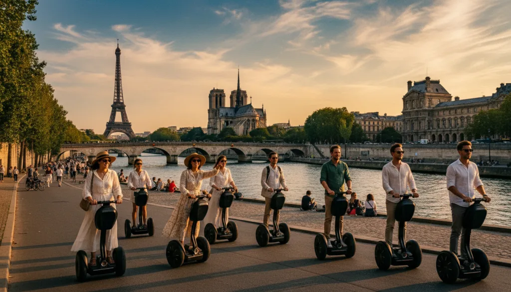 Une balade en Segway animée le long de la Seine à Paris, mettant en valeur des monuments emblématiques tels que la Tour Eiffel, la cathédrale Notre-Dame et le Louvre. Au premier plan, un groupe de touristes aux styles variés, vêtus de tenues décontractées mais élégantes, circulent avec grâce sur leurs Segways, le sourire aux lèvres, profitant du paysage. Au second plan, la Seine serpente, offrant des ponts pittoresques et des berges bordées d'arbres luxuriants. En arrière-plan, un coucher de soleil baigne la ville d'une douce lumière dorée, renforçant l'atmosphère romantique de la scène. Capturée dans un style photographique brut, avec un éclairage cinématographique et des textures très détaillées, l'image offre une vue grand angle en résolution 8K, invitant à l'aventure et à la découverte.