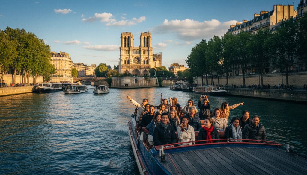 A vibrant Seine River scene in Paris, bustling with sightseeing cruises. In the foreground, a charming wooden boat filled with tourists, dressed in casual attire, enjoying the views and capturing memories with cameras. The middle ground showcases the iconic Ile de la Cité with its stunning Notre-Dame Cathedral, bathed in warm morning sunlight. The background features picturesque Parisian buildings and lush trees lining the waterfront, creating a serene atmosphere. The sky is a clear azure, dotted with soft white clouds, accentuated by cinematic lighting that creates highly detailed textures. Capture this moment with an 8k resolution, focusing on capturing the joyful ambiance and the iconic Parisian charm of the Seine River. A vibrant Seine River scene in Paris, bustling with sightseeing cruises. In the foreground, a charming wooden boat filled with tourists, dressed in casual attire, enjoying the views and capturing memories with cameras. The middle ground showcases the iconic Ile de la Cité with its stunning Notre-Dame Cathedral, bathed in warm morning sunlight. The background features picturesque Parisian buildings and lush trees lining the waterfront, creating a serene atmosphere. The sky is a clear azure, dotted with soft white clouds, accentuated by cinematic lighting that creates highly detailed textures. Capture this moment with an 8k resolution, focusing on capturing the joyful ambiance and the iconic Parisian charm of the Seine River.