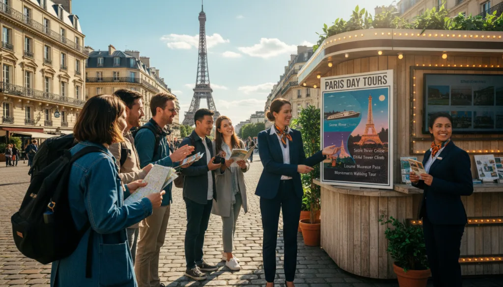 Une scène animée et dynamique, capturant un stand d'agence de voyages dans un cadre parisien pittoresque. Au premier plan, un agent de voyages enthousiaste, vêtu d'une tenue professionnelle, assiste un groupe de touristes enthousiastes et variés, leur présentant une grande affiche au design soigné mettant en avant des excursions à la journée populaires, telles qu'une croisière sur la Seine et la visite de la Tour Eiffel. Au second plan, d'autres voyageurs s'intéressent au stand, consultent des brochures et discutent des différentes options. L'arrière-plan révèle l'architecture parisienne emblématique sous un ciel bleu azur, avec la Tour Eiffel qui se profile à l'horizon. Utilisez un éclairage cinématographique pour créer une atmosphère chaleureuse et accueillante, mettant en valeur les textures du stand et les couleurs éclatantes des brochures. L'image doit être capturée en résolution 8K, accentuant les détails les plus fins et l'ambiance vivante de la recherche de l'excursion idéale à Paris.