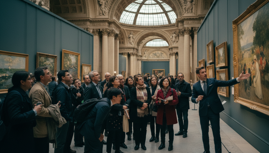 A vibrant and dynamic scene capturing a museum-focused sightseeing tour in one of Paris’s renowned art galleries. In the foreground, a group of diverse well-dressed tourists engages with a knowledgeable guide, who is enthusiastically pointing towards a famous painting. The middle ground features stunning artworks adorning the gallery walls, bathed in soft, cinematic lighting that highlights their textures and colors. The background reveals elegant architecture with ornate details, characteristic of Parisian museums. The atmosphere is lively and enriching, reflecting a sense of curiosity and appreciation for art. The image should be in 8k resolution with highly detailed textures, taken from a slightly elevated angle to encompass both the tourists and the artwork they admire. A vibrant and dynamic scene capturing a museum-focused sightseeing tour in one of Paris’s renowned art galleries. In the foreground, a group of diverse well-dressed tourists engages with a knowledgeable guide, who is enthusiastically pointing towards a famous painting. The middle ground features stunning artworks adorning the gallery walls, bathed in soft, cinematic lighting that highlights their textures and colors. The background reveals elegant architecture with ornate details, characteristic of Parisian museums. The atmosphere is lively and enriching, reflecting a sense of curiosity and appreciation for art. The image should be in 8k resolution with highly detailed textures, taken from a slightly elevated angle to encompass both the tourists and the artwork they admire.