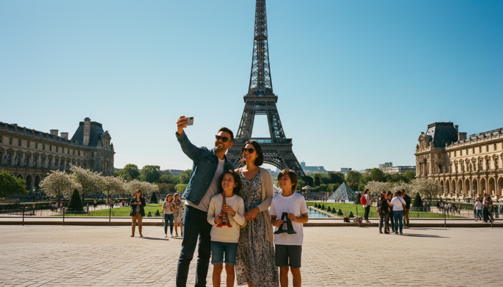 O scenă vibrantă și captivantă care prezintă un tur dedicat familiei în Paris, surprinzând o familie diversă de patru persoane - părinți și doi copii - care explorează cu nerăbdare repere emblematice precum Turnul Eiffel și Luvru. În prim-plan, familia se fotografiază cu bucurie, îmbrăcată în haine casual, dar modeste, iar copiii țin în mână replici ale unor monumente celebre. La mijloc se află maiestuosul Turn Eiffel, înconjurat de turiști veseli și grădini luxuriante. În fundal, un cer albastru senin sporește atmosfera, creând un sentiment de aventură și entuziasm. Folosește iluminare cinematografică pentru a accentua căldura zilei, cu o lumină solară difuză ușor care iluminează texturile clădirilor. Filmată în rezoluție 8k pentru a surprinde fiecare detaliu complex, atmosfera generală este veselă și primitoare, prezentând o zi perfectă în familie la Paris.