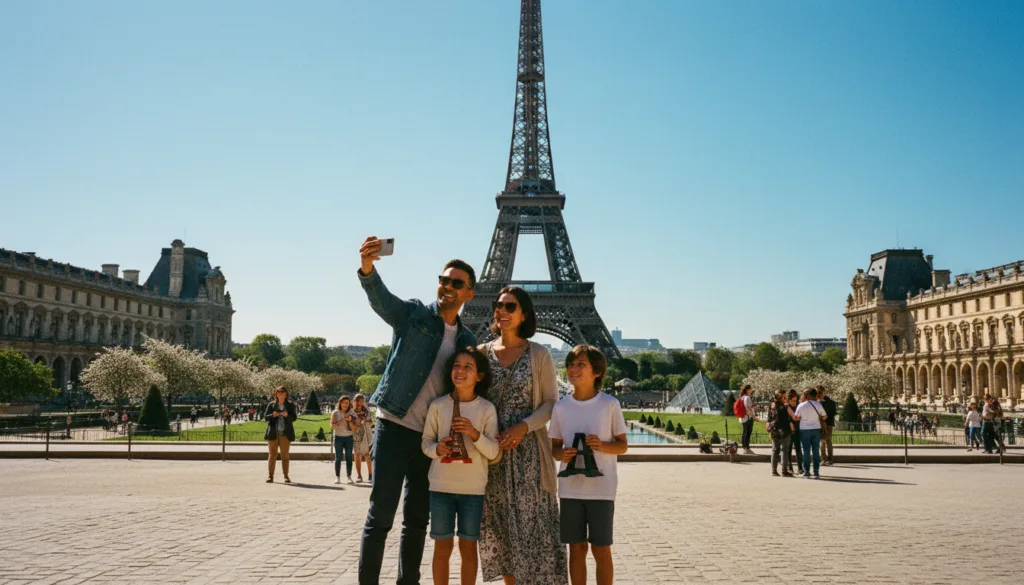 Una escena vibrante y cautivadora que representa un recorrido familiar por París, capturando a una familia diversa de cuatro miembros (padres y dos hijos) explorando con entusiasmo lugares emblemáticos como la Torre Eiffel y el Louvre. En primer plano, la familia se toma fotos alegremente juntos, vestidos con ropa informal pero modesta, mientras los niños sostienen réplicas de juguete de monumentos famosos. En segundo plano, se encuentra la majestuosa Torre Eiffel, rodeada de alegres turistas y exuberantes jardines. Al fondo, un cielo azul claro realza la atmósfera, creando una sensación de aventura y emoción. Utilice iluminación cinematográfica para enfatizar la calidez del día, con la luz del sol suavemente difusa iluminando las texturas de los edificios. Filmada en resolución 8k para capturar cada detalle intrincado, la atmósfera general es alegre y acogedora, mostrando un día familiar perfecto en París.