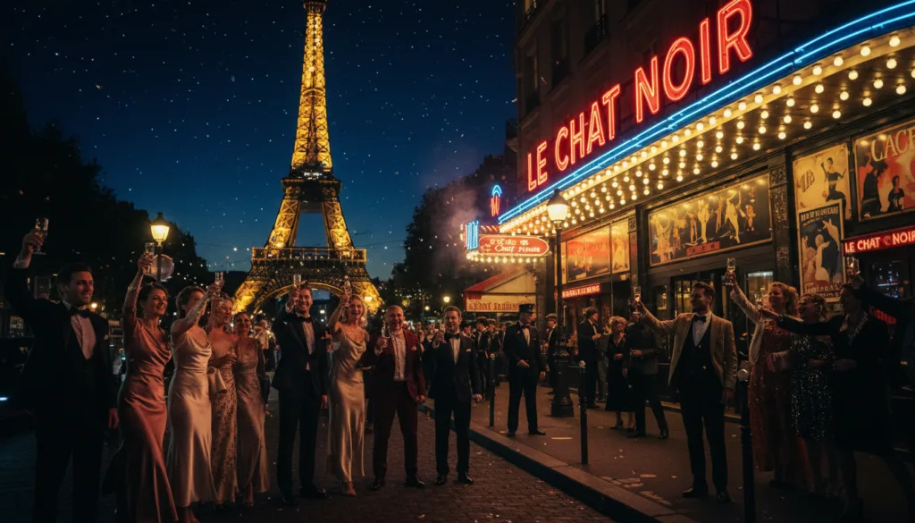 Una escena vibrante y animada de una calle parisina nocturna muestra un bullicioso cabaret lleno de clientes elegantemente vestidos que disfrutan del espectáculo. En primer plano, un grupo diverso de personas con elegantes atuendos de noche ríe y brinda con bebidas, capturando el espíritu de alegría y las escapadas nocturnas. En segundo plano, se encuentra una elegante entrada al cabaret iluminada por una cálida luz dorada, con letreros de neón que reflejan la vida nocturna parisina. El fondo revela la icónica silueta de la Torre Eiffel, suavemente iluminada contra un cielo nocturno azul intenso salpicado de estrellas. La atmósfera se enriquece con una iluminación cinematográfica que resalta los intrincados detalles arquitectónicos, creando una sensación de emoción y encanto. Renderizado en resolución 8k con texturas altamente detalladas para sumergir al espectador en esta encantadora escena nocturna parisina.