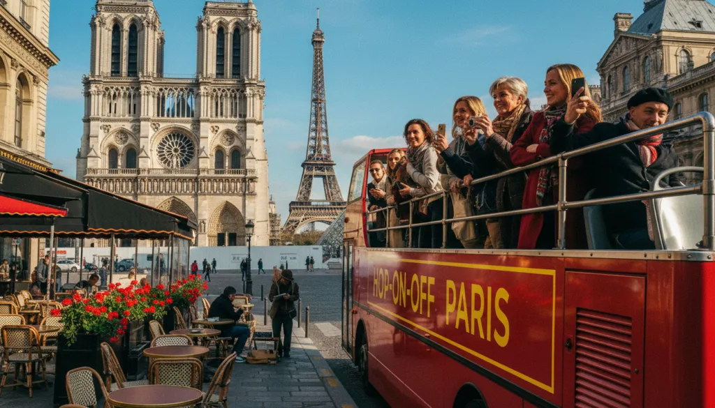 Una vibrante y animada escena de París muestra paradas de autobuses turísticos en lugares emblemáticos como la Torre Eiffel, el Museo del Louvre y la Catedral de Notre Dame. En primer plano, un elegante autobús rojo descapotable de dos pisos está detenido, con alegres turistas, vestidos con ropa informal pero discreta, tomando fotos y disfrutando de la experiencia. En segundo plano, se encuentra la icónica arquitectura parisina, con terrazas de cafés repletas de flores y artistas callejeros que capturan la esencia de la ciudad. Al fondo, el cielo es de un azul claro, iluminado por una suave iluminación cinematográfica, creando una atmósfera animada y acogedora. Utiliza texturas de gran detalle para capturar la riqueza de la arquitectura y la vitalidad de la vida turística, con una nítida resolución de 8k.