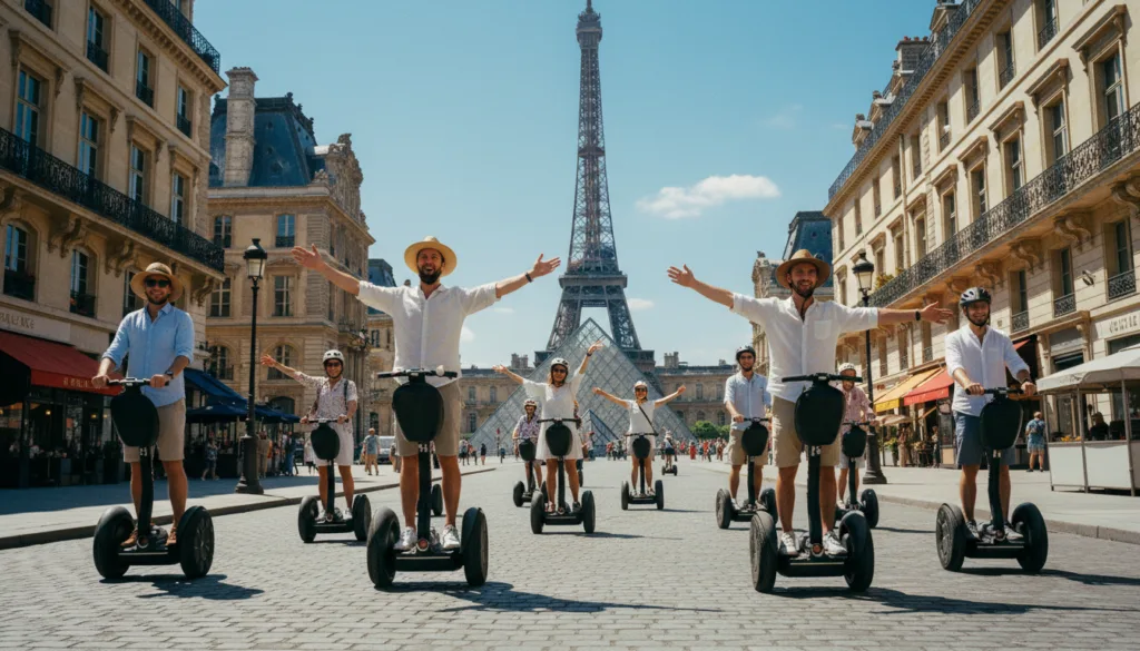 Une scène diurne et dynamique immortalise un groupe de touristes en Segway sillonnant Paris, avec en toile de fond des monuments emblématiques tels que la Tour Eiffel et le Louvre. Au premier plan, les touristes, vêtus de tenues légères et décontractées, affichent une certaine excitation. Au second plan, on aperçoit les Segways sur une rue parisienne pittoresque, pavée et bordée de bâtiments historiques, vibrante de couleurs et de détails minutieux. À l'arrière-plan, la Tour Eiffel se dresse majestueusement sur un ciel d'un bleu limpide. Un éclairage cinématographique crée des ombres douces et met en valeur les textures des bâtiments. L'atmosphère est joyeuse et aventureuse, évoquant la liberté d'explorer la grandeur de Paris. L'image, d'une grande précision, est présentée en résolution 8K.