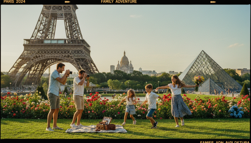 A vibrant family enjoying their day at the iconic Eiffel Tower in the foreground, surrounded by lush green gardens and colorful flowers. In the middle, children play while their parents capture joyful moments on their cameras. The background features recognizable landmarks like the Louvre and Montmartre, softly blurred to keep the focus on the family. The scene is illuminated with warm, golden sunlight of a late afternoon, casting gentle shadows, and enhancing the lively atmosphere. Capture this in a raw photograph style with high-resolution textures, ensuring the mood is cheerful and inviting, symbolizing the joy of family adventures in Paris. A vibrant family enjoying their day at the iconic Eiffel Tower in the foreground, surrounded by lush green gardens and colorful flowers. In the middle, children play while their parents capture joyful moments on their cameras. The background features recognizable landmarks like the Louvre and Montmartre, softly blurred to keep the focus on the family. The scene is illuminated with warm, golden sunlight of a late afternoon, casting gentle shadows, and enhancing the lively atmosphere. Capture this in a raw photograph style with high-resolution textures, ensuring the mood is cheerful and inviting, symbolizing the joy of family adventures in Paris.