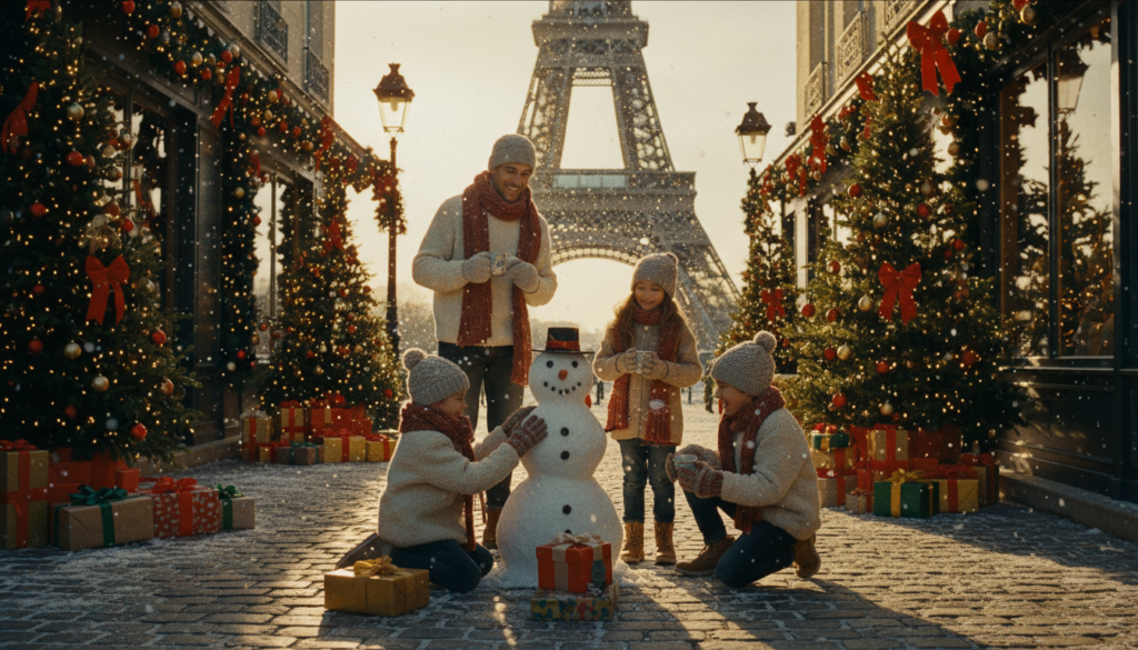 A vibrant, family-friendly scene in Paris during Christmas, featuring a joyful family of four—parents and two children—dressed in cozy winter attire, enjoying festive activities. In the foreground, the children build a snowman and play with holiday gifts, while the parents share warm smiles, holding hot chocolate. The middle ground showcases beautifully adorned Christmas trees and twinkling lights, with cheerful holiday decorations lining the cobblestone streets. In the background, iconic Parisian landmarks like the Eiffel Tower peeks through soft, gently falling snowflakes, creating a magical winter atmosphere. Capture this scene in cinematic lighting with highly detailed textures, aiming for an 8k resolution, emphasizing warmth and joy in the festive spirit.