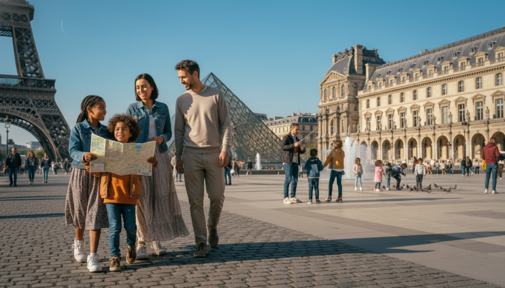 A vibrant, family-friendly scene in Paris, featuring a diverse group of children and their parents exploring iconic landmarks like the Eiffel Tower and the Louvre. In the foreground, a cheerful family with two children, one holding a colorful map, engaged in conversation, all dressed in modest casual clothing. The middle ground showcases other families enjoying the sights, with joyful expressions and interactions, highlighting a sense of adventure. The background features Parisian architecture under a clear blue sky, with soft, golden sunlight casting warm tones across the scene. The overall mood is playful and inviting, capturing the magic of family tours in the city. The image should have a raw photograph quality with cinematic lighting, highly detailed textures, and an 8k resolution for clarity.