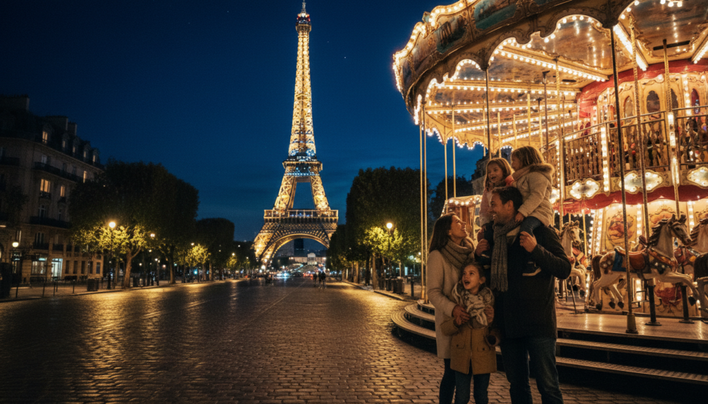 A vibrant family scene in Paris at night, featuring parents and children joyfully exploring illuminated attractions. In the foreground, a family is gathered near a carousel adorned with twinkling lights, their faces filled with delight. In the middle ground, iconic landmarks like the Eiffel Tower glisten in the background, surrounded by lush trees reflecting soft, golden streetlight. The atmosphere is warm and inviting, with a clear night sky speckled with stars above. The image showcases rich textures, with sharp focus on the family's joyful expressions. Shot with a cinematic lighting style, this highly detailed, 8k resolution photograph invites viewers to feel the excitement of a nighttime adventure in Paris.
