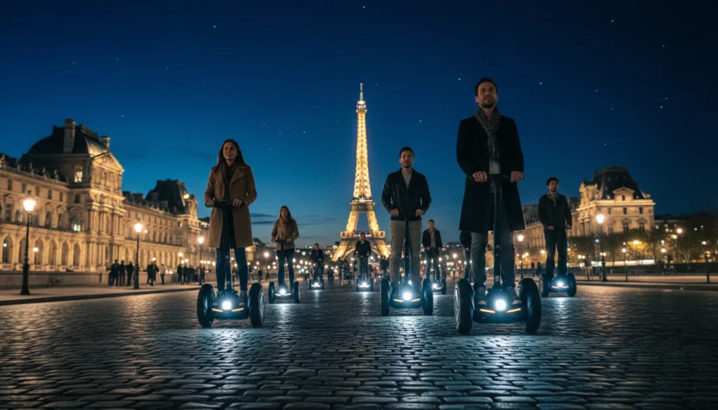Une scène nocturne animée à Paris, où un groupe de personnes, vêtues de tenues décontractées et élégantes, parcourent avec joie un itinéraire pittoresque en Segway. Au premier plan, un Segway illuminé se distingue, projetant des reflets sur les pavés. Au second plan, les cyclistes glissent devant des monuments célèbres et illuminés, comme la Tour Eiffel et le Louvre, dont la grandeur est sublimée par un éclairage doux et cinématographique qui crée une ambiance chaleureuse. À l'arrière-plan se déploie la silhouette parisienne, scintillante de lumières, sous un ciel nocturne d'un bleu profond. L'image, prise en contre-plongée pour souligner le dynamisme de la balade, présente des textures très détaillées et est rendue en résolution 8K pour une immersion totale.