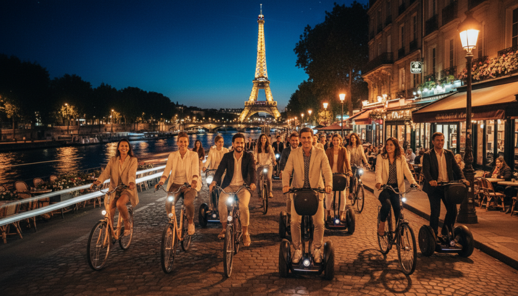 Dzīvīga nakts aina Parīzē, kurā redzama velosipēdu un Segway tūre. Priekšplānā redzama daudzveidīga tūristu grupa, kas ģērbusies ikdienišķā, bet stilīgā apģērbā, brauc ar velosipēdiem un Segway, ko apgaismo silti oranžas ielu lampas. Vidusdaļā redzama vēsturiskā Sēnas upe, kas mirdz mēness gaismā, ar savdabīgām, eleganti apgaismotām kafejnīcām un veikaliem, kas izvietoti bruģēto ielu malās. Fonā ikoniskais Eifeļa tornis mirdz pret zvaigžņotajām debesīm, pastiprinot pilsētas romantisko atmosfēru. Attēls ar bagātīgām, ļoti detalizētām tekstūrām, kinematogrāfisku apgaismojumu un 8k izšķirtspēju, kas atdzīvina katru elementu, iemūžina Parīzes izpēti naksnīgajā laikā un rada aizrautību un prieku.