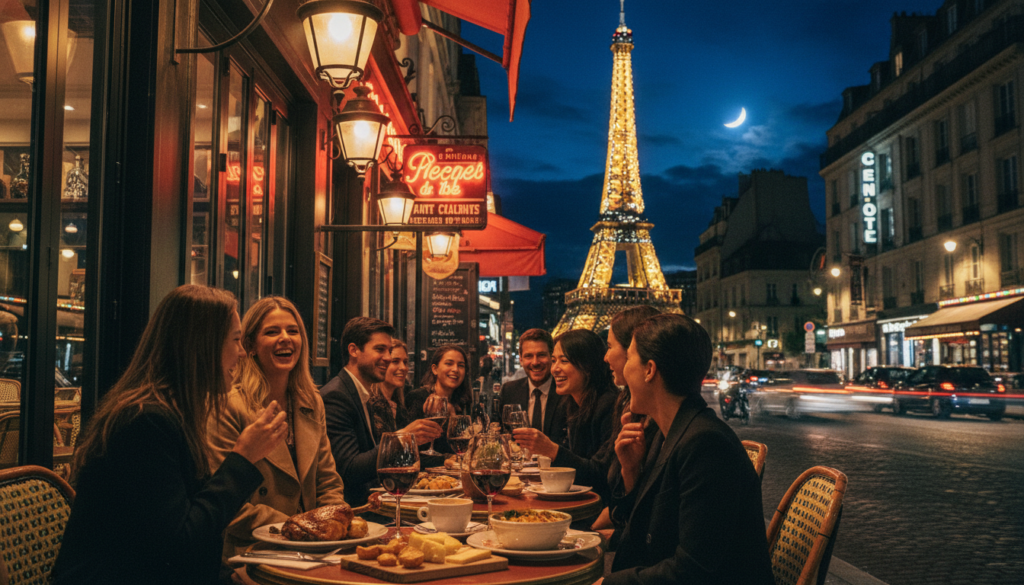 A vibrant night scene in Paris showcasing a bustling street filled with lively cafes and bars, where people are enjoying gourmet food and drinks. In the foreground, a small table adorned with elegant plates of classic French cuisine and glasses of wine, illuminated by warm, inviting lanterns. In the middle ground, friends laughing and conversing, dressed in stylish evening attire, adding to the lively atmosphere. In the background, iconic landmarks like the Eiffel Tower sparkling in the night sky, with a hint of moonlight casting a romantic glow. The image should feature cinematic lighting, rich textures in 8k resolution, capturing the essence of Parisian nightlife, with a cheerful and enchanting mood throughout.