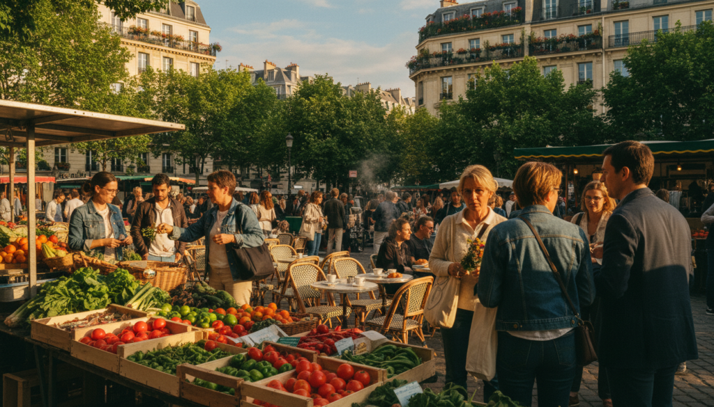 A vibrant open-air market in Paris, bustling with vendors selling fresh produce, flowers, and artisan goods. In the foreground, a colorful stall overflowing with ripe fruits and vegetables, while shoppers in modest casual clothing browse and chat. The middle ground features a lively atmosphere with tables set up where people enjoy pastries and coffee, surrounded by green trees and quaint café chairs. The background showcases historic Parisian architecture with charming balconies and wrought-iron railings. Golden, soft sunlight spills through, casting warm, inviting shadows. The scene reflects a casual yet lively mood, capturing the essence of free markets and open-air experiences. Raw photograph, cinematic lighting, highly detailed textures, 8k resolution. A vibrant open-air market in Paris, bustling with vendors selling fresh produce, flowers, and artisan goods. In the foreground, a colorful stall overflowing with ripe fruits and vegetables, while shoppers in modest casual clothing browse and chat. The middle ground features a lively atmosphere with tables set up where people enjoy pastries and coffee, surrounded by green trees and quaint café chairs. The background showcases historic Parisian architecture with charming balconies and wrought-iron railings. Golden, soft sunlight spills through, casting warm, inviting shadows. The scene reflects a casual yet lively mood, capturing the essence of free markets and open-air experiences. Raw photograph, cinematic lighting, highly detailed textures, 8k resolution.