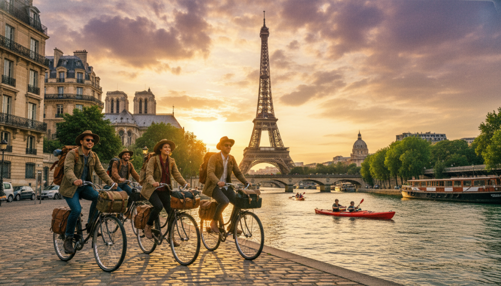 A vibrant outdoor scene capturing the essence of adventure tours in Paris. In the foreground, a group of enthusiastic tourists in casual yet stylish attire, equipped with bikes and backpacks, are exploring a scenic riverside path along the Seine. In the middle ground, iconic Parisian landmarks like the Eiffel Tower and lush green parks intertwine with adventurous activities like kayaking and hiking. The background showcases a beautifully painted sunset casting warm golden hues over the cityscape, complemented by dramatic clouds. The lighting is cinematic, emphasizing the textures of the buildings and natural elements, aiming for an inviting and exhilarating atmosphere. Shot in 8k resolution with a focus on intricate details, conveying a sense of exploration and excitement in the heart of Paris.