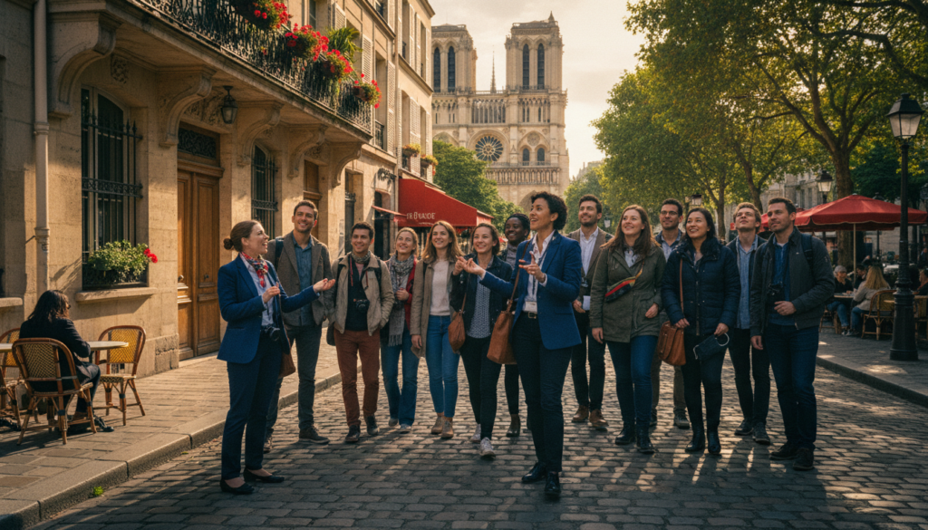 A vibrant scene capturing English-speaking tour guides leading small groups of diverse tourists through historic neighborhoods in Paris. In the foreground, the guides, dressed in smart casual attire, passionately share stories with engaged participants as they walk along cobblestone streets lined with charming, vintage Parisian buildings adorned with blooming window boxes. In the middle ground, iconic landmarks like the Notre-Dame Cathedral and quaint cafes create an inviting atmosphere. The background features soft golden sunlight filtering through tree leaves, illuminating the scene with a warm glow. The composition should resemble a raw photograph with highly detailed textures, shot in 8k resolution and cinematic lighting, evoking a sense of wonder and exploration amidst the rich history of the city.