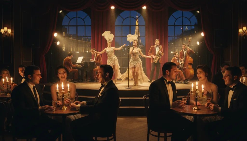 Una escena vibrante captura un animado cabaret y sala de espectáculos en vivo en París por la noche. En primer plano, clientes elegantemente vestidos con atuendos profesionales se reúnen, riendo y disfrutando de bebidas en elegantes mesas iluminadas por la tenue luz de las velas. En el centro, un escenario deslumbrante, con artistas con elegantes atuendos que ofrecen un espectáculo cautivador, iluminado por una cálida iluminación cinematográfica que realza las texturas del entorno. Al fondo, la icónica arquitectura parisina brilla suavemente bajo la luz de la luna, con la tenue silueta de la Torre Eiffel visible. La atmósfera es eléctrica pero íntima, evocando el encanto clásico y la fascinación de la vida nocturna parisina. La imagen debe asemejarse a una fotografía sin procesar con texturas muy detalladas y estar renderizada en resolución 8k, garantizando una experiencia visual cautivadora.