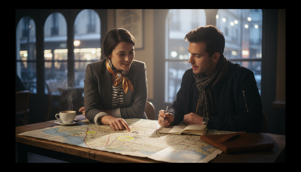 A vibrant scene capturing a pair of travelers engaged in planning walking routes through Paris. In the foreground, a detailed map with highlighted tourist attractions lies spread out on a wooden table, surrounded by a coffee cup and a notebook filled with notes. The middle ground features one traveler, a woman in smart casual clothing, pointing at the map while the other, a man in a stylish jacket, takes notes. The background shows a softly blurred Parisian café with warm, inviting lighting filtering through large windows. The atmosphere is lively yet relaxed, with the essence of adventure and discovery. Capture this in a raw photograph style with cinematic lighting and highly detailed textures in 8k resolution.