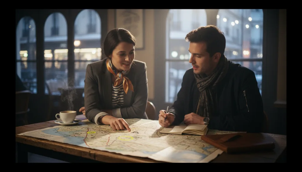 Una escena vibrante captura a una pareja de viajeros planeando rutas a pie por París. En primer plano, un mapa detallado con las atracciones turísticas destacadas se extiende sobre una mesa de madera, rodeado de una taza de café y un cuaderno lleno de notas. En segundo plano, una mujer con ropa informal elegante señala el mapa mientras el otro, un hombre con una chaqueta elegante, toma notas. Al fondo, se ve un café parisino suavemente difuminado con una luz cálida y acogedora que se filtra a través de grandes ventanales. El ambiente es animado y relajado, con la esencia de la aventura y el descubrimiento. Captúrelo con un estilo fotográfico natural, iluminación cinematográfica y texturas muy detalladas en resolución 8k.