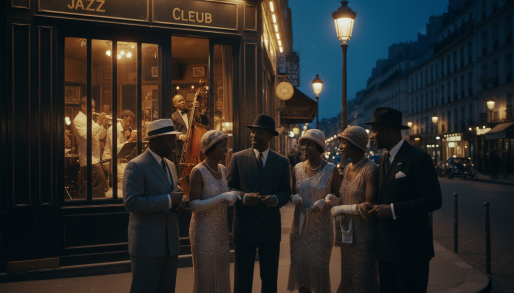 O scenă vibrantă care surprinde un grup de turiști afro-americani care explorează cluburi de jazz istorice din Paris în timpul erei jazzului. În prim-plan, un grup divers de persoane îmbrăcate elegant, în ținute profesionale de afaceri și modă elegantă specifică anilor 1920, discutând animat și savurând atmosfera. Partea din mijloc prezintă un club de jazz parizian emblematic, cu o mică trupă animată pe scenă, o iluminare aurie caldă care luminează muzicienii și publicul. Fundalul prezintă arhitectura clasică pariziană, cu felinare strălucitoare și un cer nocturn care adaugă o calitate magică. Atmosfera este veselă și festivă, subliniind schimbul cultural și bogata istorie a jazzului afro-american din Paris. Imaginea este extrem de detaliată, afișată în calitate fotografică brută, iluminare cinematografică și rezoluție 8k, creând o experiență vizuală captivantă.