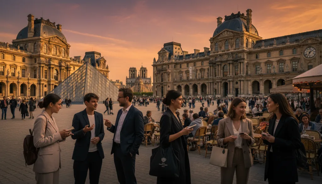 Una vibrante escena que captura a los amantes del arte y los museos recorriendo París, con detalles en primer plano de diversas personas con atuendos elegantes, tanto casuales como profesionales, comentando obras de arte famosas. En el centro, dos galerías de renombre, como el Louvre y el Museo de Orsay, exhiben su icónica arquitectura y majestuosas entradas, adornadas con esculturas y detalles intrincados. Al fondo, una pintoresca terraza de cafetería llena de gente disfrutando de un café, enmarcada por el hermoso horizonte parisino en la hora dorada, que proyecta una cálida iluminación cinematográfica sobre la escena. Imagen de alta resolución de 8k con texturas muy detalladas, creando una atmósfera acogedora y artística, perfecta para los amantes del arte.