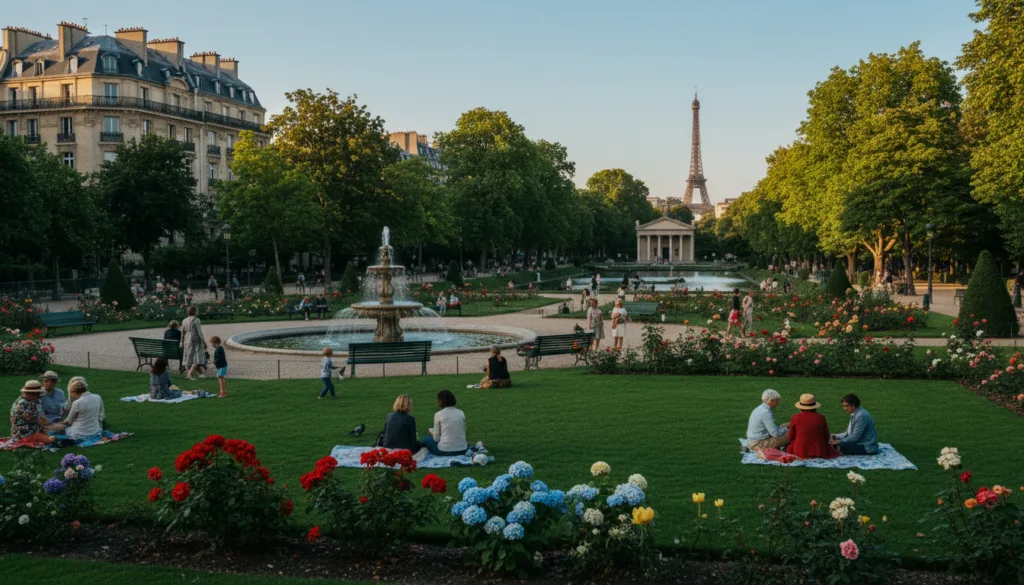 Živá scéna zachytávajúca pokoj a krásu renomovaných parížskych záhrad a parkov, ako sú očarujúce Luxemburské záhrady a malebný Parc des Buttes-Chaumont. V popredí sú svieže zelené trávniky plné kvitnúcich kvetov a úhľadne zastrihnutých živých plotov posiate ľuďmi, ktorí si v decentnom ležérnom oblečení užívajú deň. V strede záberu sa nachádzajú elegantné fontány a očarujúce chodníky vinúce sa záhradami, orámované majestátnymi stromami, ktoré poskytujú jemný tieň. V pozadí ikonická silueta parížskej architektúry vrátane zábleskov Eiffelovej veže vykúkajúcej pomedzi lístie dodáva pocit miesta. Obraz je zaliaty teplým, filmovým osvetlením, ktoré evokuje pokojnú a prívetivú atmosféru, zachytenú v úžasnom rozlíšení 8k s vysoko detailnými textúrami pre realistický a pohlcujúci zážitok.