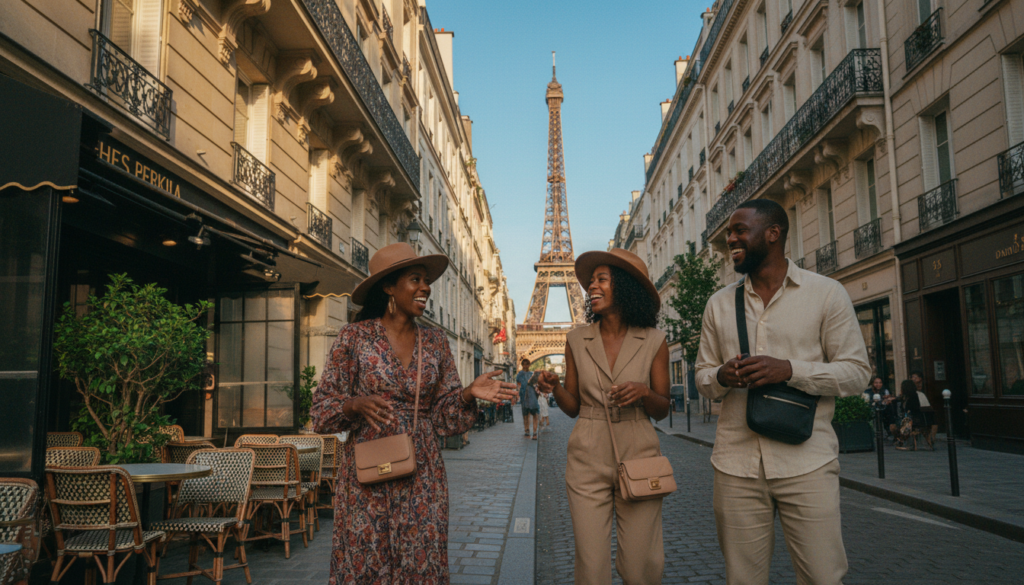 O scenă vibrantă care prezintă o experiență privată de tur afro-american în Paris, cu un mic grup de turiști afro-americani zâmbitori care explorează un cartier istoric. În prim-plan, aceștia sunt angajați într-o conversație, îmbrăcați în ținute elegante, casual și modeste, demonstrând camaraderie și entuziasm. Planul din mijloc evidențiază arhitectura pariziană emblematică, inclusiv cafenele fermecătoare și detaliile complexe ale balcoanelor din fier forjat. În fundal, Turnul Eiffel se înalță maiestuos, vizibil sub un cer albastru senin, adăugând la farmecul emblematic al orașului. Lumina este caldă și primitoare, asemănătoare cu ora de aur, sporind texturile bogate ale clădirilor și expresiile vesele ale turiștilor. Compoziția este surprinsă cu un obiectiv cinematografic, dintr-un unghi care atrage privitorul în această explorare personalizată a Parisului, celebrând moștenirea și cultura afro-americană într-un cadru pitoresc. Calitate 8k de înaltă rezoluție pentru o experiență captivantă.