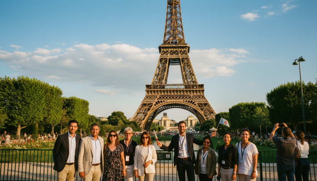 A vibrant scene depicting a skip-the-line Eiffel Tower tour in Paris, featuring a diverse group of tourists dressed in smart casual attire, eagerly awaiting their turn at a designated entrance. In the foreground, a friendly tour guide gestures towards the iconic tower, which looms majestically in the background, partially adorned with lush green trees. The middle ground includes a beautifully manicured garden area, bustling with excitement as visitors capture photos. Cinematic lighting casts a warm glow, highlighting the tower's intricate iron lattice structure against a clear blue sky with soft, fluffy clouds. The image showcases highly detailed textures and is captured from a low angle to emphasize the tower’s grandeur, rendered in stunning 8k resolution, evoking a sense of adventure and joy. A vibrant scene depicting a skip-the-line Eiffel Tower tour in Paris, featuring a diverse group of tourists dressed in smart casual attire, eagerly awaiting their turn at a designated entrance. In the foreground, a friendly tour guide gestures towards the iconic tower, which looms majestically in the background, partially adorned with lush green trees. The middle ground includes a beautifully manicured garden area, bustling with excitement as visitors capture photos. Cinematic lighting casts a warm glow, highlighting the tower's intricate iron lattice structure against a clear blue sky with soft, fluffy clouds. The image showcases highly detailed textures and is captured from a low angle to emphasize the tower’s grandeur, rendered in stunning 8k resolution, evoking a sense of adventure and joy.