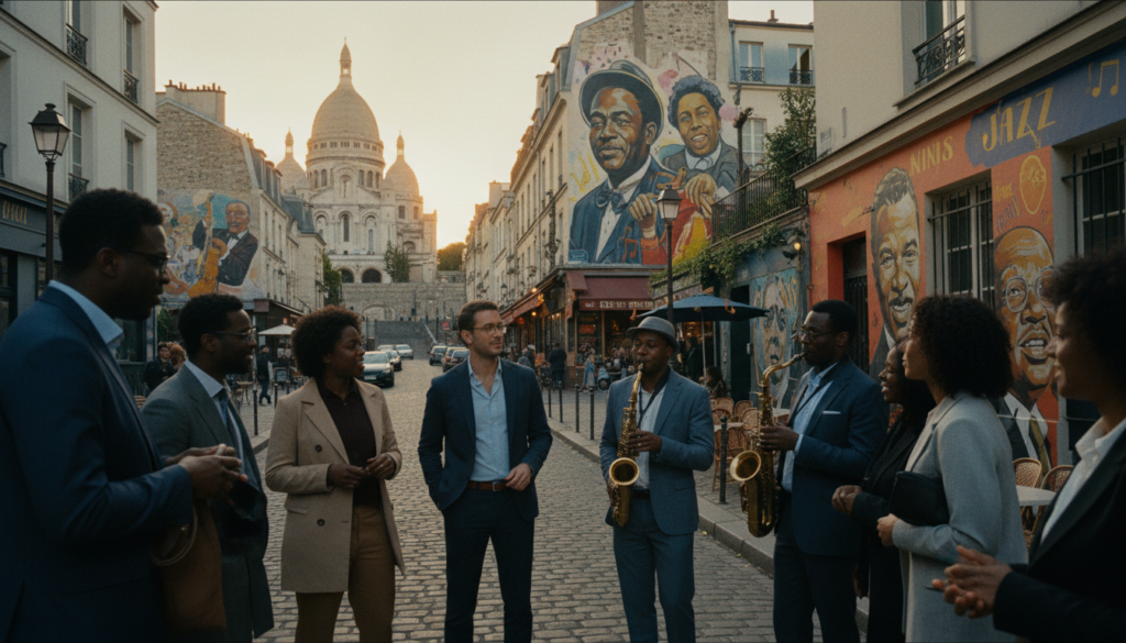 O scenă vibrantă înfățișând un grup de turiști afro-americani care explorează cartierul de jazz Montmartre din Paris. În prim-plan, diverse persoane îmbrăcate în haine smart casual interacționează cu împrejurimile lor, discutând despre bogata istorie a jazz-ului din zonă. O persoană cântă la saxofon, creând o atmosferă muzicală captivantă. La mijloc, străzile fermecătoare, pietruite, sunt mărginite de cafenele pitorești și studiouri de artă, expunând picturi murale colorate ale legendelor jazz-ului. Fundalul include iconica Bazilică Sacré-Cœur, iluminată de lumina aurie și blândă a apusului, care aruncă o strălucire caldă asupra scenei. Fotografiată cu un obiectiv superangular, ar trebui să surprindă detalii complexe ale arhitecturii și textilelor, evocând o atmosferă primitoare și festivă, totul într-o rezoluție uimitoare de 8k, cu texturi extrem de detaliate.