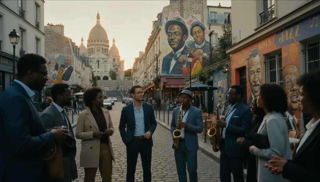 Une scène vibrante dépeignant un groupe de touristes afro-américains explorant le quartier jazz de Montmartre à Paris. Au premier plan, des personnes aux styles variés, vêtues de tenues décontractées élégantes, interagissent avec leur environnement et évoquent la riche histoire du jazz dans ce quartier. L'un d'eux joue du saxophone, créant une ambiance musicale immersive. Au second plan, de charmantes rues pavées sont bordées de cafés pittoresques et d'ateliers d'artistes, ornés de fresques colorées représentant des légendes du jazz. À l'arrière-plan se dresse l'emblématique basilique du Sacré-Cœur, baignée par la douce lumière dorée d'un coucher de soleil, projetant une lueur chaleureuse sur la scène. Prise avec un objectif grand angle, l'image devrait capturer les détails complexes de l'architecture et des textiles, créant une atmosphère accueillante et festive, le tout dans une superbe résolution 8K aux textures d'une grande finesse. Une scène vibrante dépeignant un groupe de touristes afro-américains explorant le quartier jazz de Montmartre à Paris. Au premier plan, des personnes aux styles variés, vêtues de tenues décontractées élégantes, interagissent avec leur environnement et évoquent la riche histoire du jazz dans ce quartier. L'un d'eux joue du saxophone, créant une ambiance musicale immersive. Au second plan, de charmantes rues pavées sont bordées de cafés pittoresques et d'ateliers d'artistes, ornés de fresques colorées représentant des légendes du jazz. À l'arrière-plan se dresse l'emblématique basilique du Sacré-Cœur, baignée par la douce lumière dorée d'un coucher de soleil, projetant une lueur chaleureuse sur la scène. Prise avec un objectif grand angle, l'image devrait capturer les détails complexes de l'architecture et des textiles, créant une atmosphère accueillante et festive, le tout dans une superbe résolution 8K aux textures d'une grande finesse.