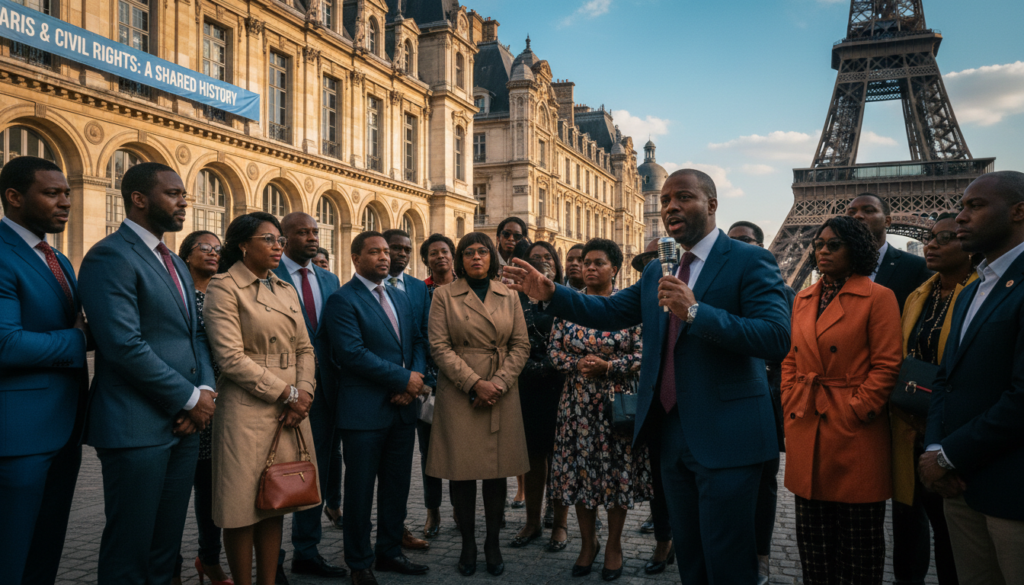 O scenă vibrantă care înfățișează un grup de turiști afro-americani la Paris, axat pe drepturile civile și istoria politică. În prim-plan, un grup divers de persoane bine îmbrăcate, inclusiv bărbați și femei afro-americane în ținute profesionale, interacționând cu un ghid turistic informat. Ghidul, arătând cu pasiune spre repere istorice importante legate de drepturile civile, este iluminat de o lumină caldă, cinematografică. Planul din mijloc prezintă arhitectura pariziană emblematică, precum Turnul Eiffel și clădiri istorice, simbolizând bogata istorie culturală și politică. În fundal, un cer albastru senin sporește atmosfera optimistă a turului. Imaginea este extrem de detaliată, cu texturi care subliniază semnificația istorică a locațiilor, surprinse într-o rezoluție uimitoare de 8k dintr-un unghi ușor coborât pentru a transmite grandoare și importanță.