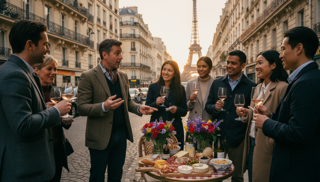 A vibrant scene depicting an English food and wine tour in Paris, featuring a guide in smart casual attire leading a diverse group of tourists. In the foreground, the guide is enthusiastically explaining a gourmet cheese selection, gesturing towards a beautifully arranged charcuterie board on a small Parisian table. The tourists, engaged and smiling, are surrounded by elegant wine glasses, various artisanal foods, and colorful fresh flowers. The background showcases iconic Parisian architecture, including a glimpse of the Eiffel Tower under soft, golden evening light. The atmosphere is warm and inviting, embodying a sense of exploration and culinary delight. The photo should be highly detailed with cinematic lighting, captured in 8k resolution to highlight textures and the cheerful mood of the scene.