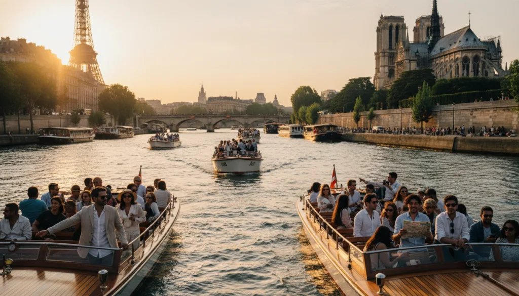 Una vibrante escena que muestra recorridos en barco turístico por el río Sena en París. En primer plano, varios elegantes barcos con turistas disfrutan de las pintorescas vistas de la ciudad. Algunos pasajeros, vestidos con ropa informal pero a la vez elegante, admiran monumentos emblemáticos como la Torre Eiffel y la Catedral de Notre Dame. En segundo plano, el Sena brilla bajo la suave luz del sol, con barcos navegando suavemente por el agua. Al fondo, se aprecia un impresionante horizonte parisino salpicado de encantadores edificios y frondosos árboles que bordean las orillas. Utiliza iluminación cinematográfica para realzar la cálida atmósfera, resaltando las texturas detalladas de los barcos y la serenidad del agua. Captura la escena en resolución 8k, evocando una sensación de aventura y relajación.