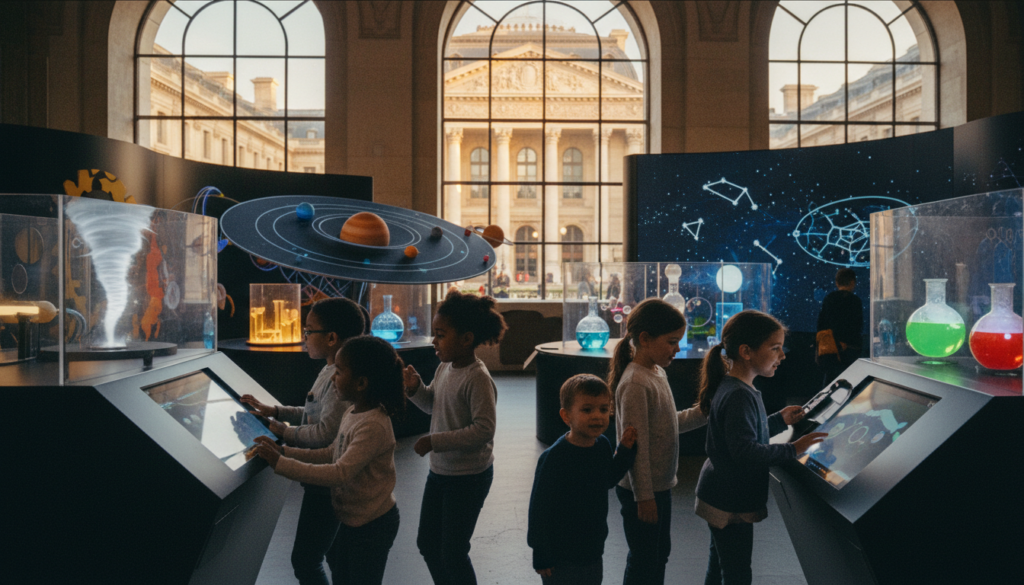A vibrant scene depicting children engaging with interactive science exhibits in a family-friendly educational attraction in Paris. In the foreground, a group of diverse kids, aged 6 to 10, eagerly experimenting with hands-on displays, wearing modest casual clothing. In the middle ground, colorful and imaginative exhibits showcase themes of science and discovery, like a giant model of the solar system and interactive chemistry stations. The background features the iconic architecture of a Parisian building, subtly illuminated by soft, golden-hued cinematic lighting. The entire atmosphere conveys excitement and curiosity, inviting families to explore and learn together. The image is captured in 8k resolution, highlighting intricate details and textures, with a focus on the joyful interactions among the children and the exhibits.