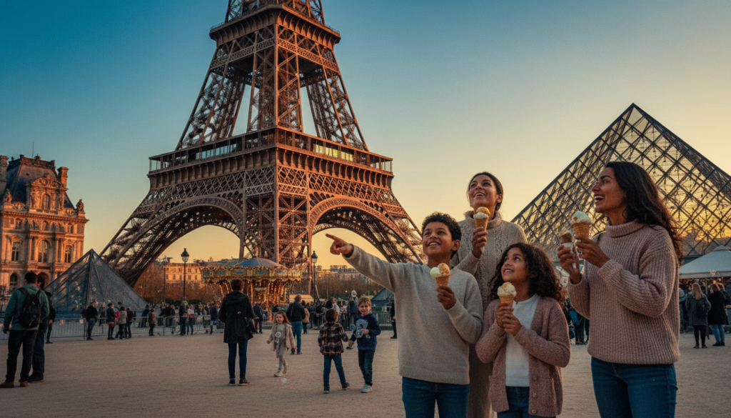 A vibrant scene depicting family-friendly attractions in Paris, showcasing iconic landmarks like the Eiffel Tower and the Louvre. In the foreground, a diverse family of four, dressed in modest casual clothing, enjoys ice cream and smiles as they take in the sights. The middle ground features the historic Eiffel Tower, with its intricate iron lattice structure, where children can be seen playing nearby. The background includes the majestic Louvre Pyramid, bathed in warm golden hour light, enhancing the atmosphere of joy and wonder. Cinematic lighting adds depth to the image, highlighting detailed textures of the surroundings. The composition is shot from a slightly low angle to emphasize the grandeur of the landmarks. 8k resolution captures the detail and vibrancy, creating an inviting mood perfect for families exploring Paris.