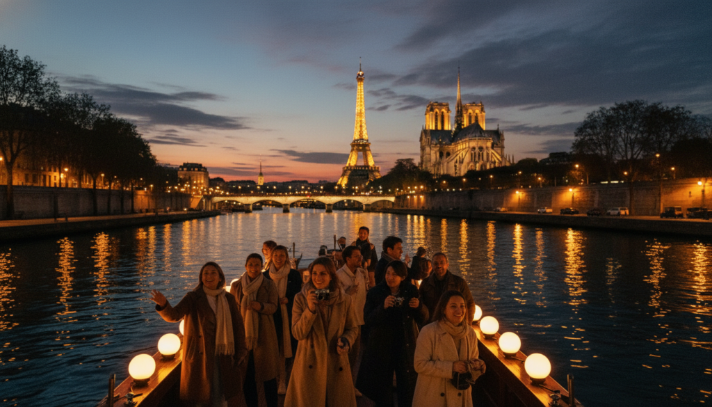 A vibrant scene depicting the enchanting nightlife of Paris along the illuminated Seine River. In the foreground, a group of tourists, dressed in stylish casual attire, is joyfully boarding a classic wooden boat adorned with soft glowing lanterns. The middle ground features the Seine River, reflecting the shimmering lights of nearby iconic landmarks, such as the Eiffel Tower and Notre-Dame Cathedral, which are beautifully lit against the evening sky. In the background, a clear twilight sky transitions into deep blues and purples, scattered with a few wispy clouds. The overall atmosphere is lively yet serene, capturing the magic of Parisian evenings. The composition is shot with cinematic lighting, focusing on the intricate textures of the architecture and water, in stunning 8k resolution.