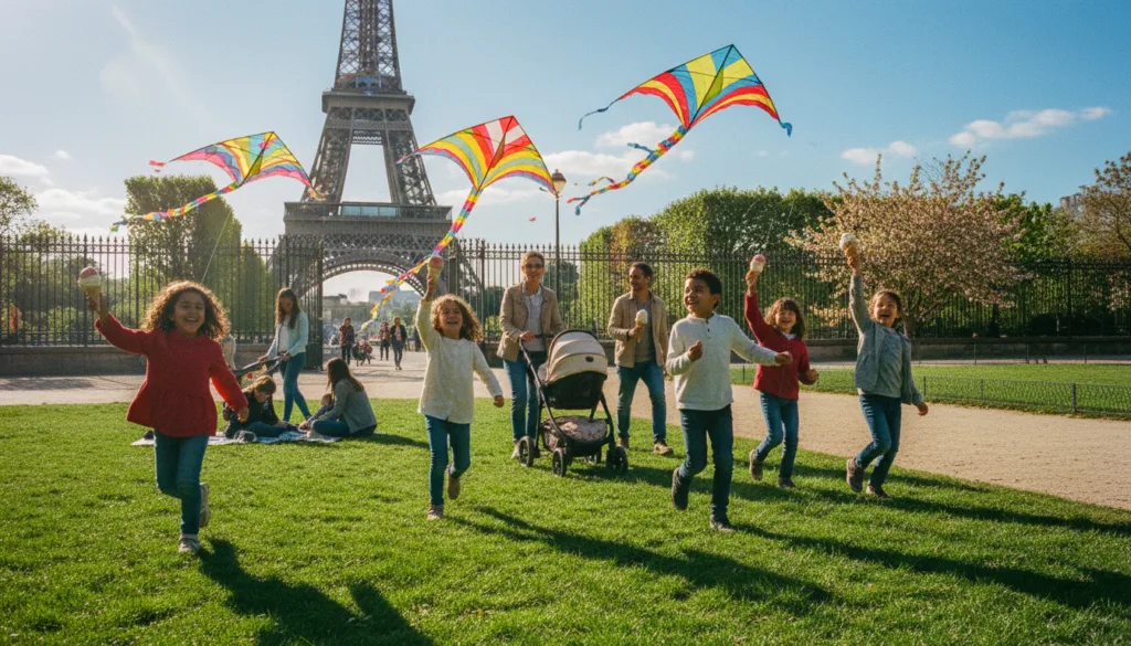 Une scène parisienne animée : familles et enfants profitent d'une journée en plein air. Au premier plan, un groupe joyeux d'enfants de 5 à 10 ans, de tous âges, joue avec des cerfs-volants colorés dans un parc verdoyant. Au second plan, des parents sourient en promenant leurs enfants en poussette et en savourant une glace, avec la Tour Eiffel emblématique qui se profile entre les arbres. En arrière-plan, un ciel bleu ensoleillé parsemé de nuages ​​blancs duveteux contribue à l'atmosphère joyeuse. Utilisez un éclairage cinématographique pour créer une lumière chaleureuse et accueillante, mettant l'accent sur la joie et les liens familiaux. L'image doit transmettre un sentiment d'aventure et de découverte, avec des textures très détaillées et une netteté optimale pour une capture réaliste en résolution 8K.