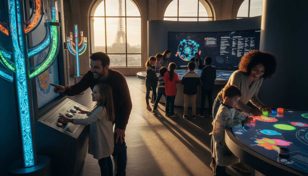 A vibrant scene in a modern interactive museum in Paris, filled with families exploring hands-on exhibits. In the foreground, a young girl and her father engage with a colorful science exhibit, using bright, interactive displays. Nearby, a mother helps her son with a creative art activity, both smiling and absorbed in their experience. In the middle ground, a diverse group of children gather around a large digital touch table, pointing and laughing together while learning. The background features large windows letting in warm, soft natural light, with glimpses of the Paris skyline. The atmosphere is lively and joyful, capturing the wonder of learning. Shot in 8k resolution with cinematic lighting, highlighting the textures of the exhibits and the expressions of the families.