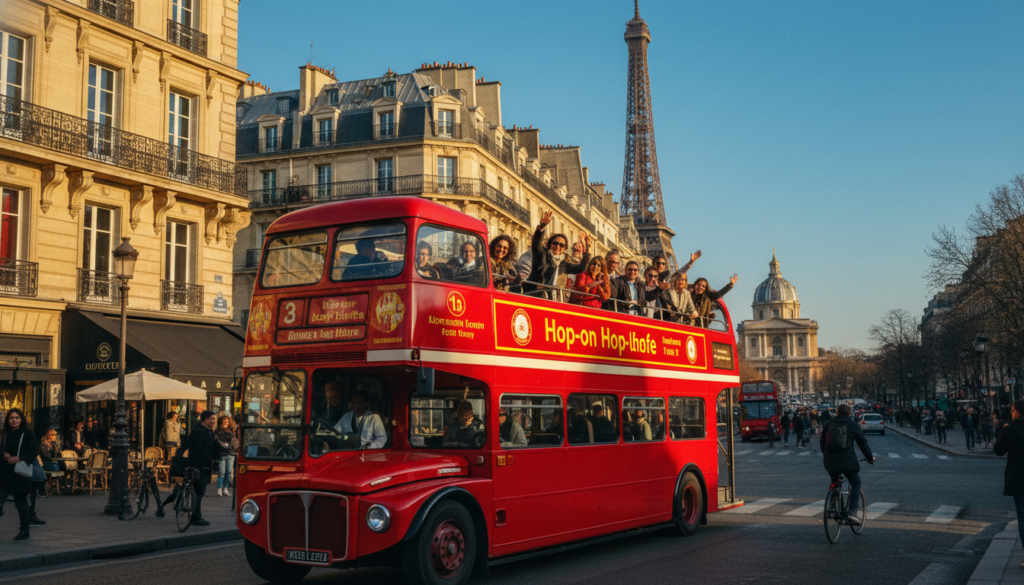 O scenă vibrantă cu un autobuz clasic parizian hop-on hop-off care vizitează repere emblematice. În prim-plan, un autobuz etajat roșu aprins, plin de turiști veseli și diverși, îmbrăcați în ținute elegant casual, care se bucură de priveliști. Partea intermediară prezintă o stradă pariziană animată, mărginită de cafenele și magazine fermecătoare, cu pietoni care se plimbă și bicicliști care trec pe acolo. În fundal, maiestuosul Turn Eiffel se profilează pe un cer albastru senin, în timp ce arhitectura istorică reflectă bogata cultură a Parisului. Scena este scăldată într-o iluminare caldă, cinematografică, evidențiind detaliile autobuzului și atmosfera vibrantă. Fotografia este realizată cu un obiectiv superangular, subliniind viața dinamică a orașului și grandoarea Parisului. Rezoluție înaltă, surprinzând texturi complexe și culori vii.