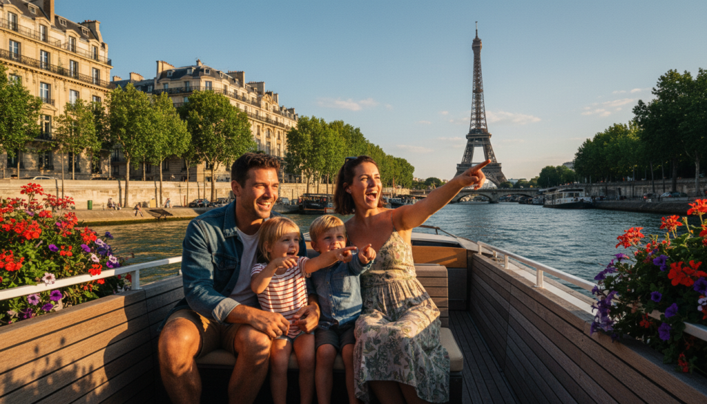 Wani yanayi mai cike da farin ciki na wata iyali tana jin daɗin yin balaguron kogin Seine a birnin Paris. A gaba, wata iyali mai farin ciki da yara biyu suna zaune a kan wani jirgin ruwa mai daɗi, suna murmushi suna nuna alamun tarihi. Iyayen suna sanye da tufafi na yau da kullun, suna nuna farin cikinsu. A tsakiyar gari, gine-ginen tarihi na Paris sun daidaita a gefen kogin, tare da bishiyoyi masu kyau da furanni masu launuka daban-daban suna nuna yanayin. A bango, ana iya ganin Hasumiyar Eiffel tana tashi da kyau a kan sararin samaniya mai shuɗi mai haske. Hasken yana nuna fim, yana ɗaukar hasken rana mai dumi, tare da cikakkun bayanai a ko'ina. An ɗauki hoton abun da aka tsara daga ƙaramin kusurwa don jaddada girman kewaye, wanda aka yi shi da ƙudurin 8k mai ban mamaki. Yanayin gabaɗaya yana da farin ciki da ban sha'awa, yana nuna balaguron iyali mai ban sha'awa.