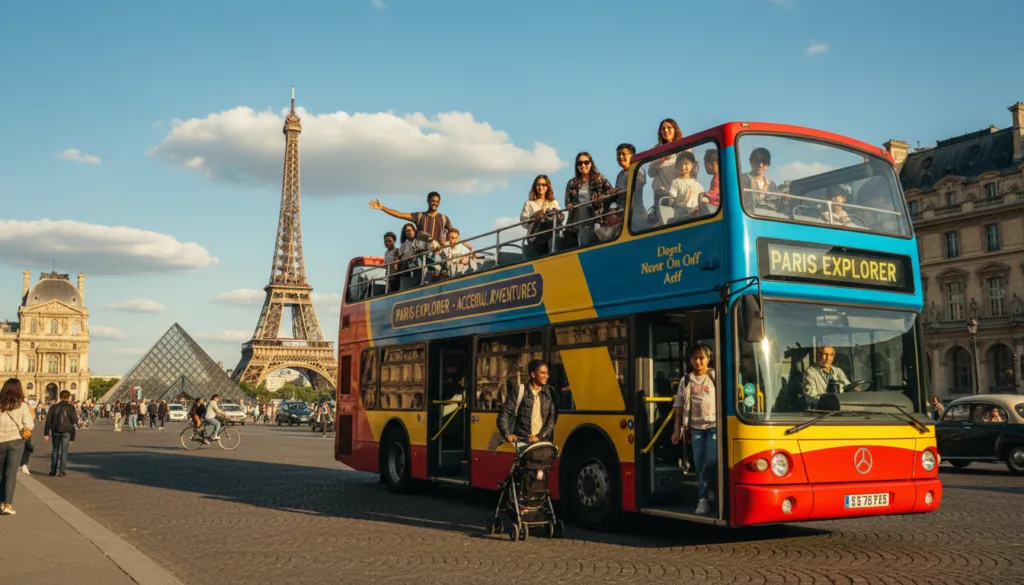 Una vibrante escena de un recorrido familiar en autobús turístico por París, que muestra la vibrante energía de la ciudad. En primer plano, un colorido autobús de dos pisos está estacionado, con familias sonrientes de diversos orígenes subiendo con facilidad, mostrando características de accesibilidad como entradas amplias y escalones bajos. En segundo plano, se pueden ver monumentos emblemáticos como la Torre Eiffel y el Louvre, que se suman al encanto del paisaje urbano. El fondo presenta un cielo azul claro y nubes esponjosas, realzando la atmósfera inspiradora. La suave luz dorada de la hora dorada baña la escena, creando un ambiente cálido y acogedor. Capture la imagen con un estilo fotográfico natural, texturas muy detalladas y resolución 8k, enfatizando la alegría y la accesibilidad de explorar París juntos.