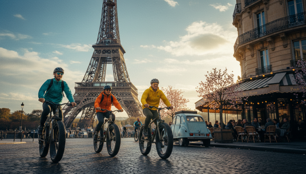 A vibrant scene of a group of cyclists on fat bikes, expertly navigating through the picturesque streets of Paris. In the foreground, riders are dressed in colorful, casual cycling attire, happily pedaling along a scenic route, showcasing the robust design of their fat bikes. The middle ground features iconic Parisian landmarks like the Eiffel Tower and charming cafés, framed by blooming trees and cobblestone paths. The background highlights a clear blue sky, with soft, warm clouds, indicating a sunny day. The image captures a sense of adventure and exploration, with cinematic lighting enhancing the textures of the surroundings, creating a lively and inviting atmosphere. Shot in 8k resolution to emphasize the intricate details of the bikes and the lush environment.