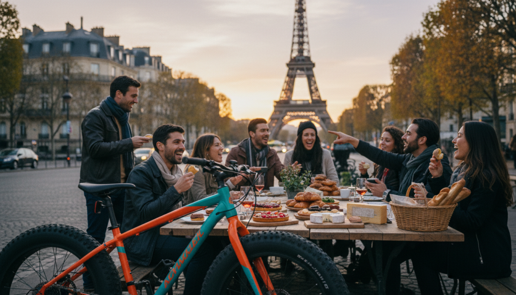 A vibrant scene of a group of diverse people on a fat bike ride through the picturesque streets of Paris, enjoying gourmet food tasting stops. In the foreground, a brightly colored fat bike stands beside a table with elegant French pastries and artisanal cheeses, set against the backdrop of iconic Parisian architecture. The middle ground features the cyclists, dressed in stylish but casual attire, savoring the delicious food while smiling and chatting, showcasing a sense of camaraderie. The background reveals a soft-focus view of the Eiffel Tower and lush tree-lined streets, under a warm, golden sunset illuminating the scene. The overall atmosphere is joyful and leisurely, captured in a raw photograph style with cinematic lighting, highly detailed textures, and in stunning 8k resolution.